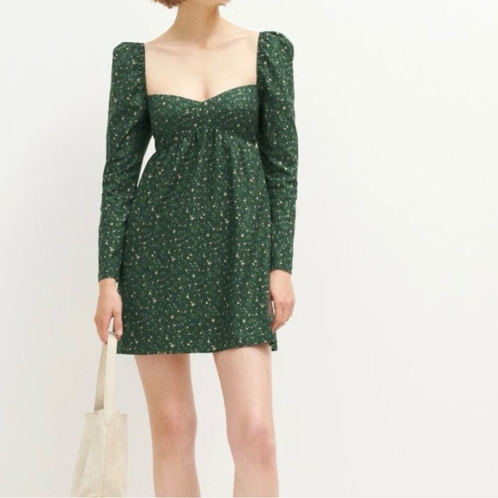 Reformation Kenzi Babydoll Floral Print Mini dress in Coriander Green Size  8